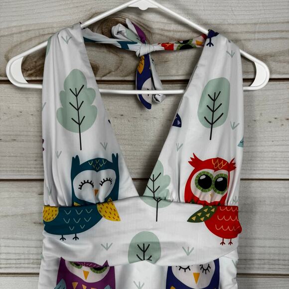 White Multicolor Owl Print Halter Top One Piece Swimsuit Size XL - Picture 2 of 5